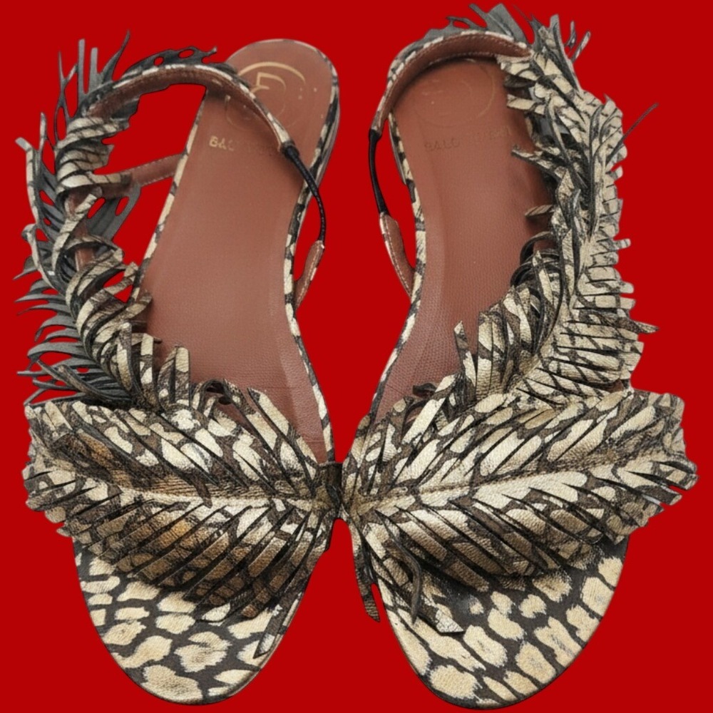 Baldowski Gold Animal Print Fringe Leather Slingback Flat Sandals EU 38 US 7.5